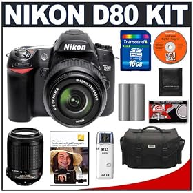Nikon D80 10.2MP Digital SLR Camera with 18-55mm and 55-200mm DX VR Zoom-Nikkor Lenses +... by Nikon