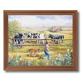 Framed Oak Country Cow Boy Dog Fence Folk Animal Pictures Art Print by 