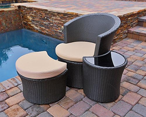 Luxe Furnishings 3 Piece Stackable All Weather Modern Outdoor Lounge Set with Ottoman and Side Table in Dark Brown Resin…