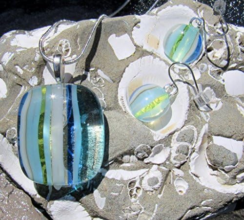 Fused Glass Jewelry Set, Ocean Beach Glass Necklace and Earrings, Turquoise Blue Sea Glass Necklace, Ocean Waves Earings