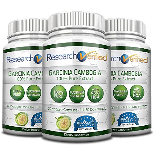 95% HCA (Top Proven Potency) 100% PURE Garcinia Cambogia by Research Verified - 180 Capsules (3 Months Supply) -All Natural Appetite Suppressant and Weight Loss Supplement - 100% Money Back Guarantee!