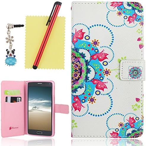 Ancerson® PU Leather Case for Samsung Galaxy Note 4 IV N9100 Colorful Printed Magnet Buckle Built-in Credit/ ID Card Slot Pocket Flip Folio Stand Protective Cover Free with a Red Stylus Touchscreen Pen, a 3.5mm Universal Crystal Diamond Rhinestones Bling Lovely Blue Panda Silvery Flower Pendant Dust Plug and a Cleaning Cloth - Retail Package (Pink Butterfly White Blue Polka Dot Hot Pink Green Yellow Bloom Flower Pattern Bud)