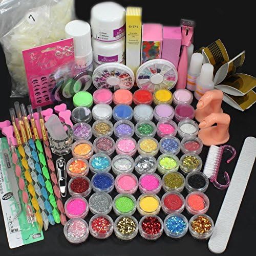 YoungmanNA 28 in 1 Combo Set Professional Acrylic Liquid Nail Art Brush Pen Glue Glitter Strip Shimmering Powder Hexagon Slice Toe Finger Separator Buffer Block Deco Tips Tool Kit