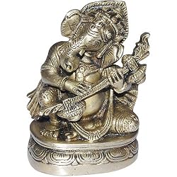 Brass Statue Sitting Hindu God Ganesha Playing Bina