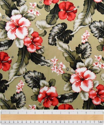 Red & Pink Hibiscus Sandy Beach Original Hawaiian Islands 100% Cotton Print Fabric