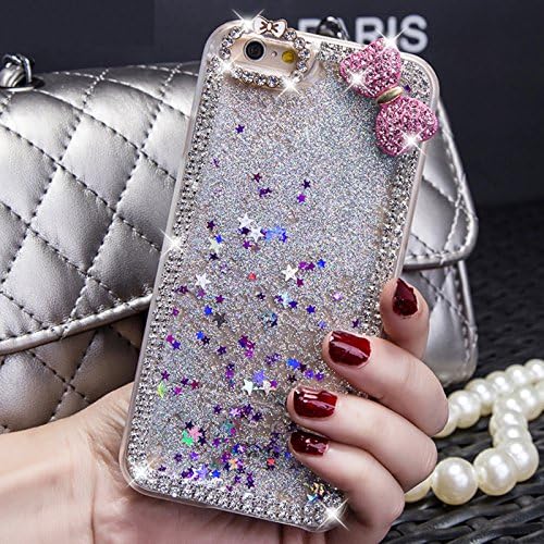 Case for Apple iPhone 6,IFSCASE® Cover for iPhone 6,Case for iPhone 6 with 4.7 inch Screen,Hard Case for iPhone 6,Creative Design Flowing Liquid Floating Luxury Diamond Crystal Butterfly/Lipstick Lips/ Faux Fur Rhinestone 3D Bling Glitter Sparkle Falling Stars Hard Case For Apple iPhone 6 With 4.7 inch Screen With 2PCS Free IFSCASE® Lovely Elephant Portable Silicon Phone Holder Stand Stents (Bowknot-White)