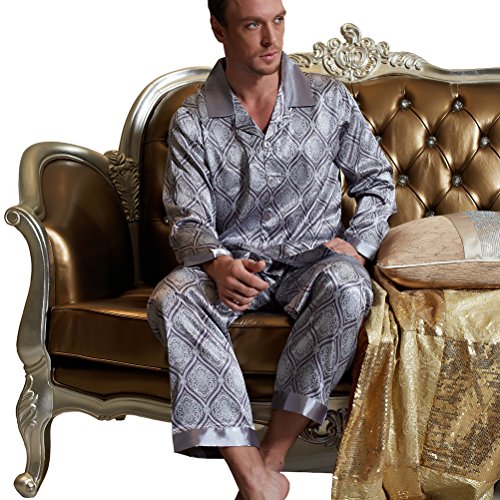 Amybria Men's Silk Pajamas Set of One Shirt and Pant Grey Silver Color