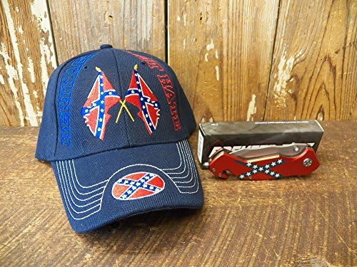 Lot/Set "Heritage-Not Hate" Confederate Flag 4 1/2" Serrated Knife w/ Seat Belt Cutter and Glass Breaker AND Blue Baseball Cap/Hat Combo
