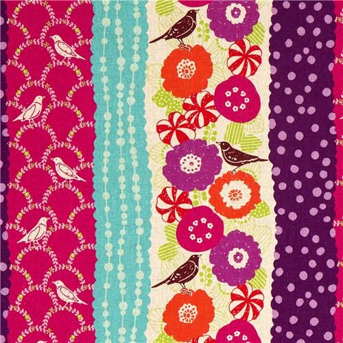 echino canvas fabric birds stripes pink