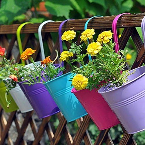(L) 6 PCS Garden Decoration Supplies Iron Pastoral Balcony Pots Planters Wall Hanging Metal Bucket Flower Holders 6 Colors