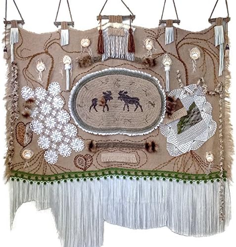 Moose Tapestry Large Burlap Wall Hanging Curtain Room Divider Neutrals Fringe Tassel Leather Fur