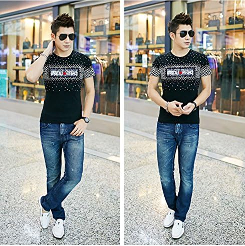 Peryal Men's Summer Fashion Casual Blouse Tops T-shirt Polka Dot Printed Black M