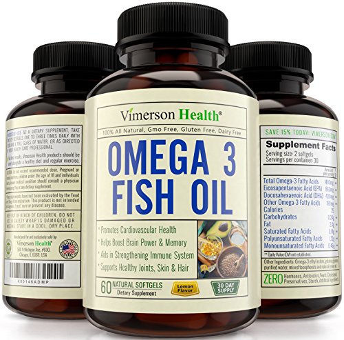 Vimerson Health Omega 3 Fish Oil Pills, All Natural, Non-Gmo, Gluten Free, Mercury Free. Supports Brain, Memory, Focus, Cognition, Heart, Joints, Eyes & Skin. 60 Lemon Flavor Sofgels. Made in the USA Vimerson Health Omega 3 Fish Oil Pills, All Natural, Non-Gmo, Gluten Free, Mercury Free. Supports Brain, Memory, Focus, Cognition, Heart, Joints, Eyes & Skin. 60 Lemon Flavor Sofgels. Made in the USA