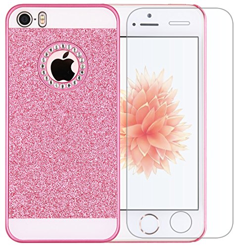 Iphone 5 Case, A-Focus Beauty Luxury Girly Gitter dazzling Flash Twinkle Blaze Bling Sparkle Crystal Rhinestone Hard PC Case + Glass Screen Protector for Iphone SE / 5s / 5 (Bling Pink)