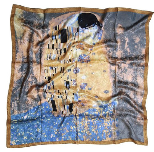 Prettystern - 90cm X 90cm Kunstdruck Jungendstil Seidentuch - Gustav Klimt - der Kuss (grau-blau)