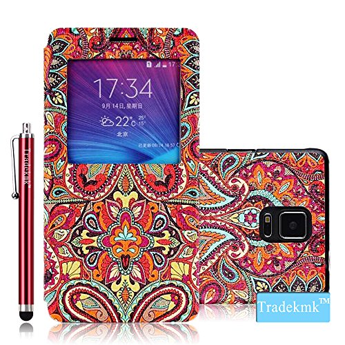 Galaxy Note 4 Case, Tradekmk(TM) Brand New Fashion High Quality Flip Leather Window View Design Display Caller ID Time Table Slim Fit Case Cover[Colored Drawing-Colorful Flower] Compatible with Samsung Galaxy Note 4[+Stylus]