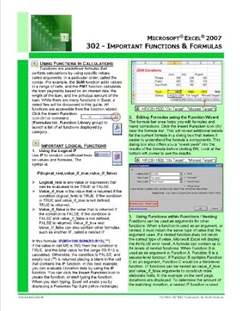 Microsoft® Excel® 2007 Quick Reference Guide - Excel 302: Important Functions & Formulas