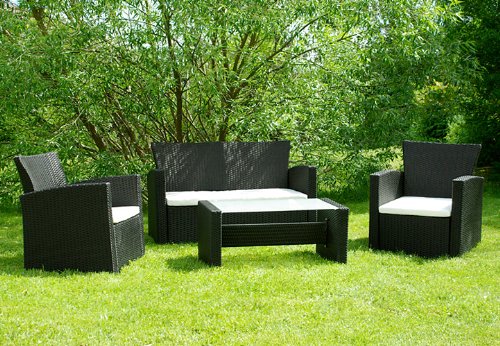Alu-Rattan Garnitur / Tisch mit 2 Sesseln+1 Sofa, schwarz Alu-Rattan Garnitur / Tisch mit 2 Sesseln+1 Sofa, schwarz
