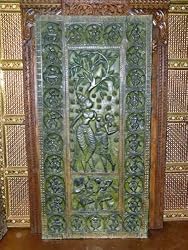 Indian Art Radha Krishna in Embrace Green Patina Carved Door Wall Panel 72 Inch