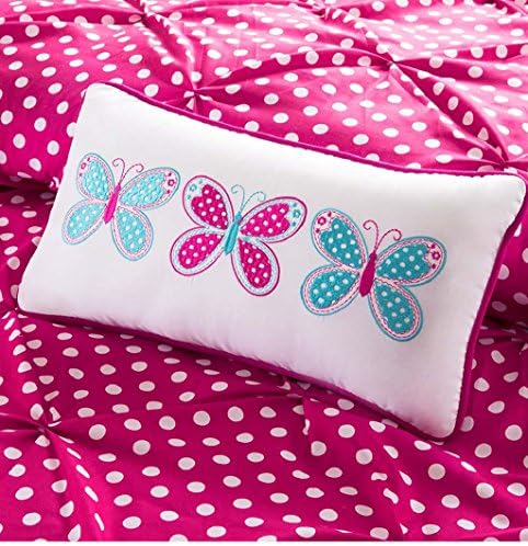 Girls Comforter Set Modern Pink and White Polka Dot Ruched Gathered Bedding Matching Pillow Shams and Decorative Butterfly Accent Pillow. Includes Bonus Sleep Mask By Designer Home. (Twin/TXL)