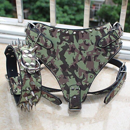 Gator Leather Dog Harness Collar Set Spikes Studs Pitbull Chest Size 26 34 Harness:Camouflage Collar Size:M