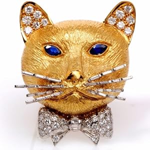 Vintage English Diamond Sapphire 18k Gold Cat Pin