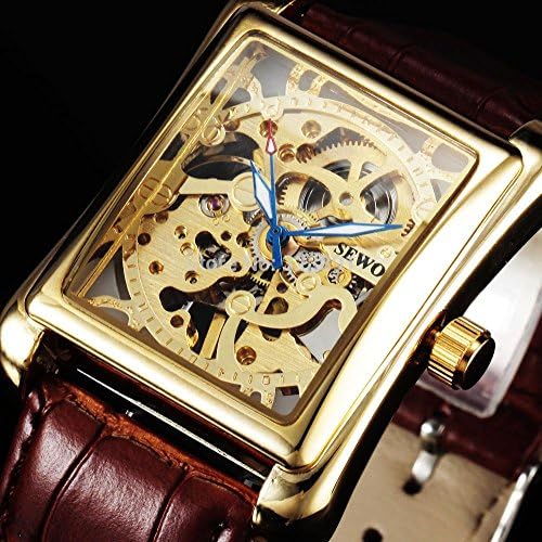 SunShine Day 2015 New Fahion Sewor Brand Skeleton Men Business Clock Leather Cool Army Mechanical Hand Wind Luxury Gold Wrist Dresswatch Gift