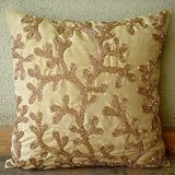 Coral Shine - 16x16 Inches Decorative Pillow Covers - Silk Pillow Cover with Gold Beads