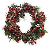 28 Majestic Holly Red Berry Christmas Wreath With Pine Cones