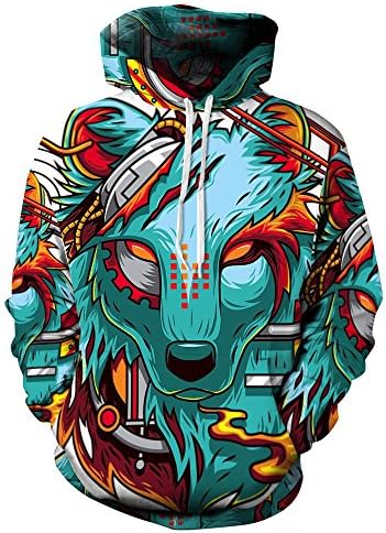 Men and Women Animal Printed Big Pockets Drawstring Hoodie Sweatshirt Size L as picture