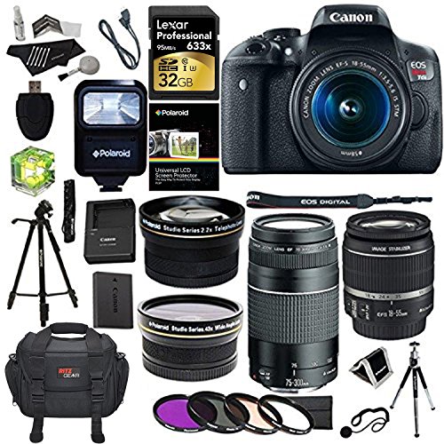 Canon EOS Rebel T6i 24.2 MP Digital SLR Camera 18-55mm STM Lens + Canon EF 75-300mm f/4-5.6 III Lens + Polaroid .43x HD Wide Angle Lens & 2.2X Telephoto Lens + Lexar 32 GB + Tripod + Accessory Kit