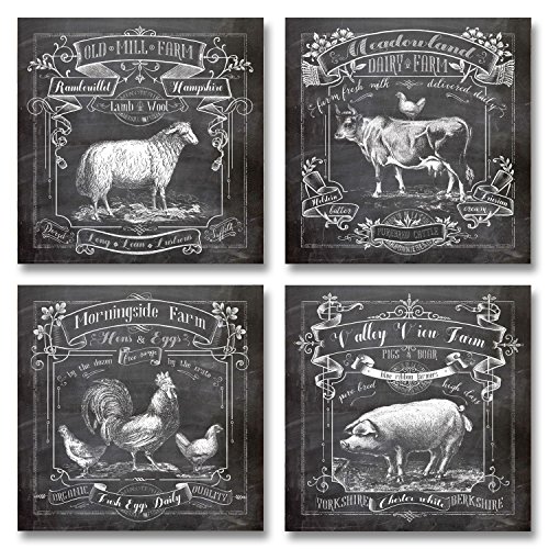 Chalkboard-Style Kitchen Art; Dairy Farm, Old Mill Farm, Mornighside Farm, Valley View Farm; Sheep, Cow, Rooster, Pig; Four 12x12in Paper Prints (Printed on paper to look like chalkboard)