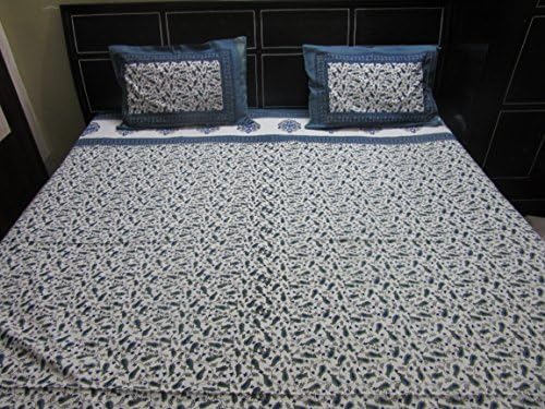 RAJASTHANI HAAT INDIAN TAPESTREY COTTON DOUBLE BED SHEETS BLUE BOOTY PRINT WITH TWO PILLOW COVERS.