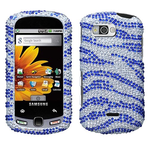 Samsung M900 M-900 Moment Cell Phone Full Diamond Crystals Bling Protective Case Cover Silver and Dark Blue Zebra Animal Skin Design