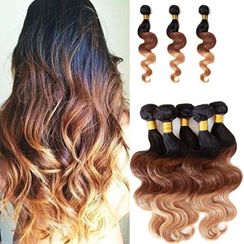 Wigiss Brazilian Remy Body Wave Ombre Hair Extensions 100% Human Hair Weft Three-tone #1b/33/27 Color 50g/Bundle 3 Bundles 20" 22" 24"