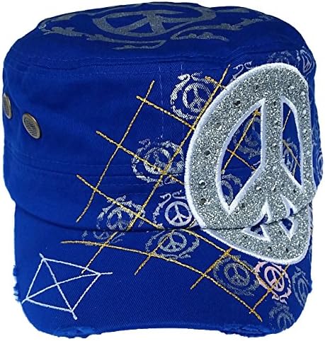 Military Style/cadet Rhinestone Peace Icon Hat Cap for Women, Size Adjustable, Blue