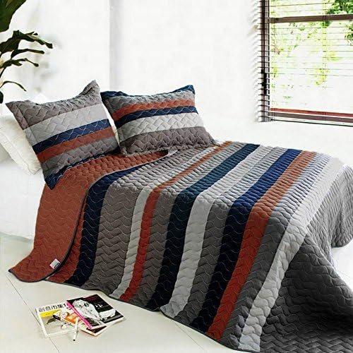 [Morning Stripe] 3PC Vermicelli-Quilted Striped Quilt Set (Full/Queen Size)