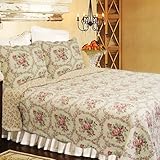 [Reminiscent Mood-Red] 100% Cotton 3PC Classic Floral Vermicelli-Quilted Qu ....