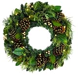 GKI Bethlehem Lighting 100026307 Gold Berry and Pinecone Wreath with 30 Battery-Operated LED Lights, 24-Inch