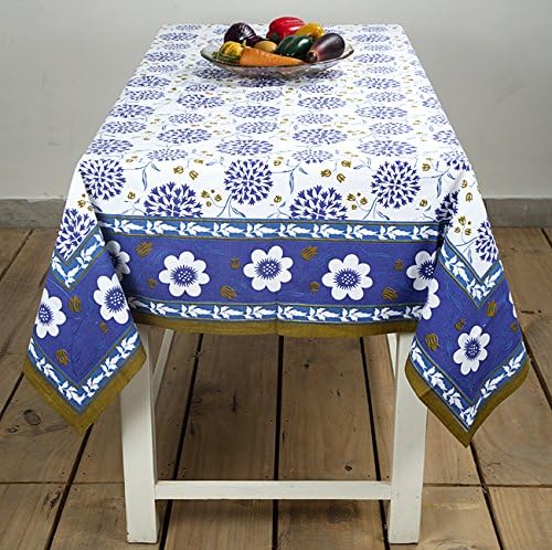 Indian Designer Printed White & Blue Table Linen 52 By 70 Inches Table Linen