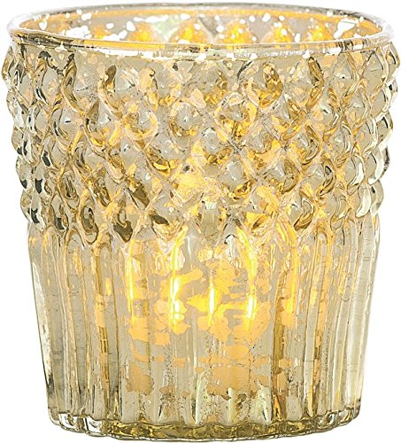 Luna Bazaar Vintage Mercury Glass Candle Holder (3-Inch, Diamond Top Design, Gold) - For Use with Tea Lights - For Home Decor, Parties, and Wedding Decorations
