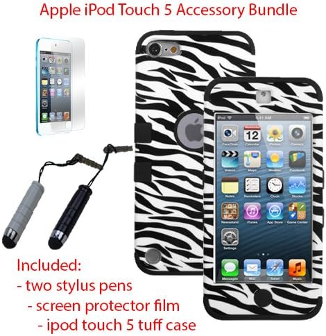 MINITURTLE, Premium Sleek Dual Layer 2 in 1 Hybrid Protective TUFF Case Cover, Two Mini Stylus Pen, and Screen Protector Film for Apple iPod Touch 5 5th Generation (Zebra Skin / Black)