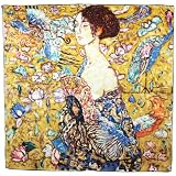 100% Luxurious Charmeuse Silk Gustav Klimt's Donna Con Ventaglio aka Women with Fan Hand Rolled Edges Square Scarf Shawl