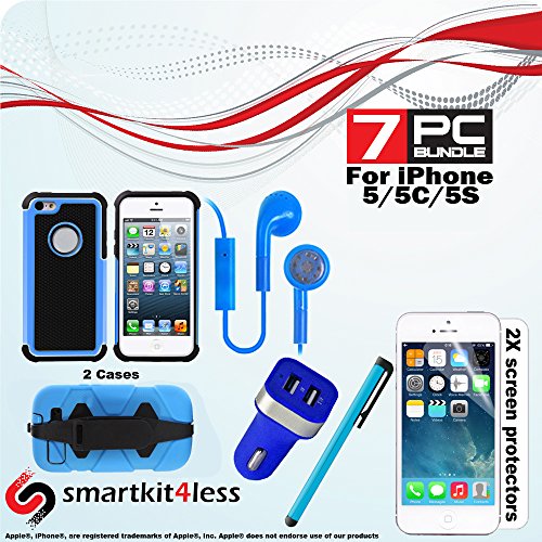 Combination Pack Includes 7 Pcs Accessory Bundle for Apple® i Phone® 5, Include Shockproof TPU Hard Plastic Combination Case with Holder & Belt Clip and One More Premium Rugged Hybrid Case, Dual USB Car Charger, 2 X Screen Protector, Stylus Pen, Stereo Earphones GET 7 Products for the Price of ONE or Two (Blue)