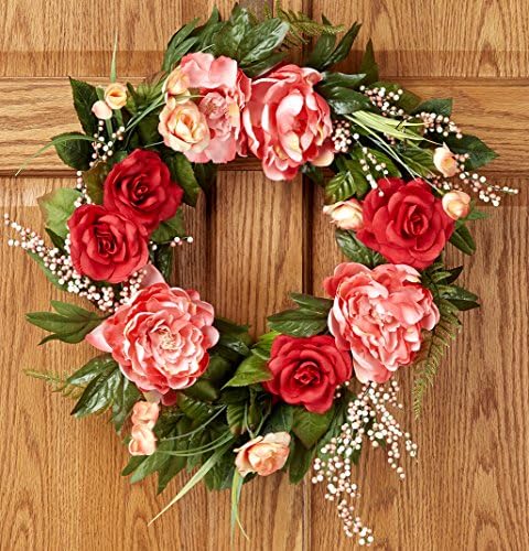 Pink and Red, Peony / Rose Spring / Summer Blooming and Blossoming Buds Wreath / Premium 22 Inch