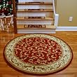 Premium Carpet Stair Treads - Red Scrollworks + Matching 5' Runner and 5'3" Round Rug