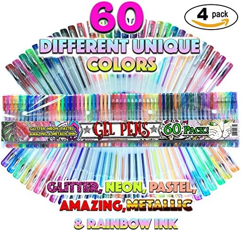 (240 PENS) 4 PACK of 60 UNIQUE COLORS GEL PEN SET,GLITTER, NEON, PASTEL, METALLIC, RAINBOW INK, BEST QUALITY ,NO DUPLICATE COLORS &amp; MORE INK COMPARE TO OTHERS