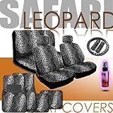 New 16 Pieces Safari Snow Leopard Print Low Back Front Car Seat Covers, Rear Bench Cover, Seat Belt Covers, Steering Wheel Cover, 4 Pieces Carpet Floor Mats and a 2 oz Purple Slice Car Wash Free Detailer/Multipurpose Cleaner