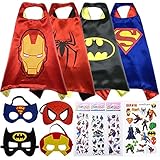 Superhero Cape and Mask Costumes For Kids SET - 4 Capes, 4 Masks, Stickers and Tattoos
