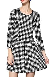 A-line Houndstooth Print Long Sleeves Pleated Polyester/Spandex Round Neck Midi Dress 